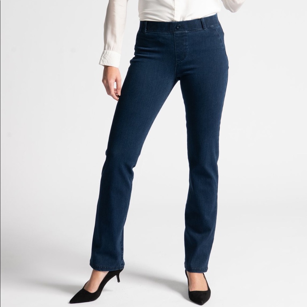 Betabrand dark wash straight leg yoga denim pants